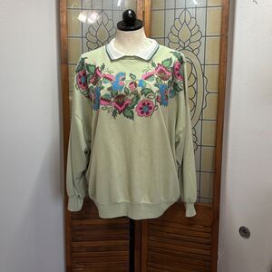 Vintage 90s Floral Collared Crewneck Sweatshirt Preppy Made in USA Size XL